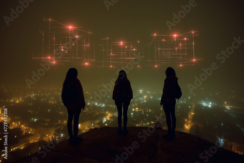 Silhouette of female friends on a hill  looking at artificial lights in the sky