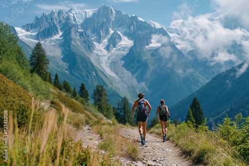 Mountain runners enjoy a race with the peaks of the Alps in the background.