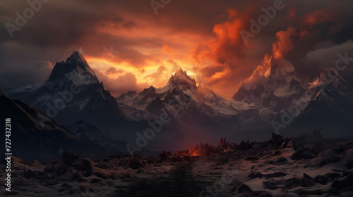 A Painting of a Sunset Over a Mountain Range