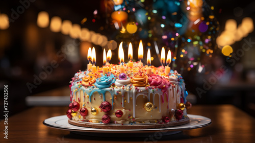 Birthday cake with different decorations from fresh flowers and candles