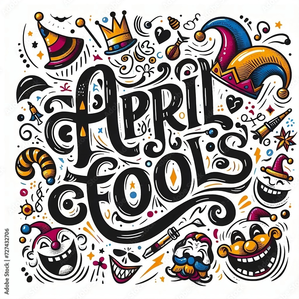April Fool's Day design with hand drawn decorative lettering, laughing cartoon faces and jester hat created with generative ai