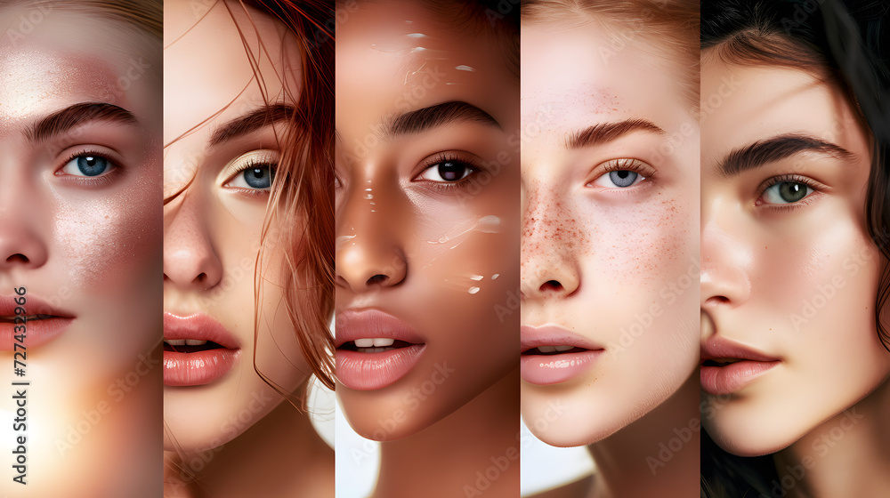 Banner. Composite image of beautiful young women faces expressing emotions and show healthy clean skin over white background , detailed,furry art, meticulous design,4k 8K