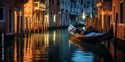 A Gondola Gliding Through a Canal at Night