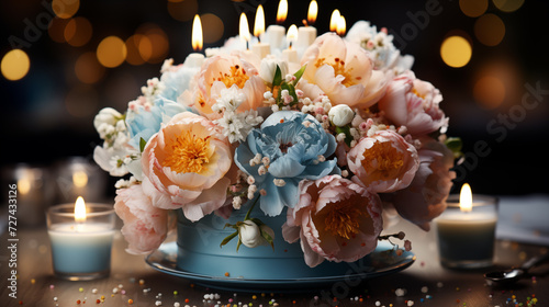 Bouquet of a beautiful peony in a vase, soft focus background