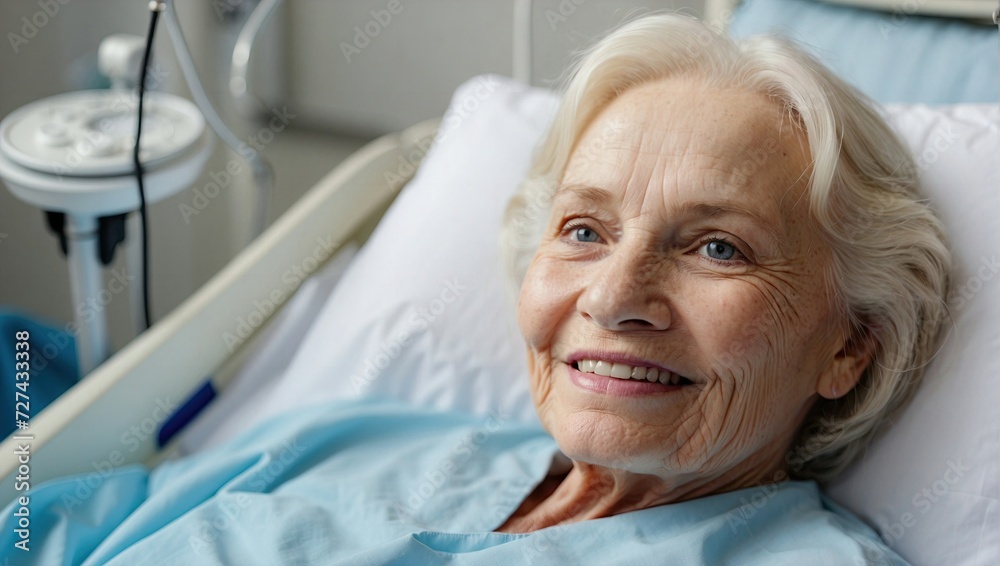 Obraz premium Elderly white woman with blonde hair in a hospital bed, smiling warmly, conveying hope and a positive outlook.