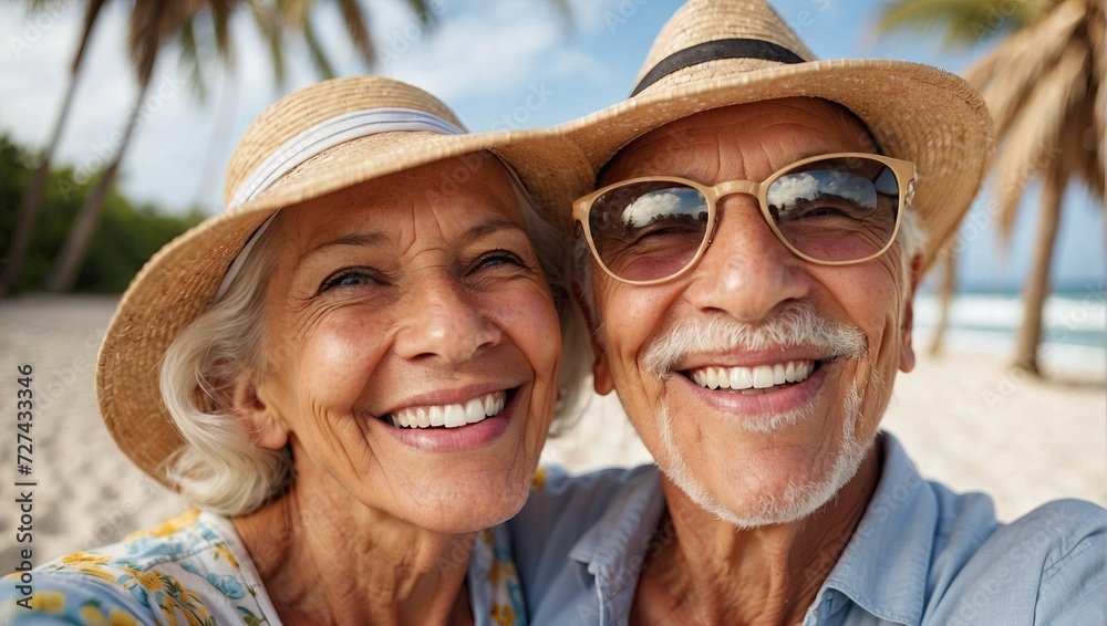 Happy elderly couple wearing hats and sunglasses, smiling broadly on a sunny beach.