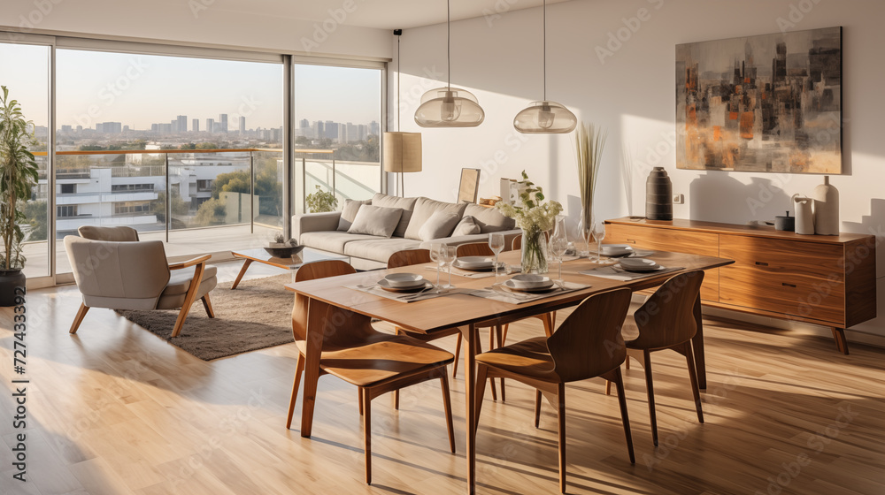 Set of dark wooden furniture in the beige color dining room. Concept of design and stylish light interior Set of dark wooden furniture in the beige color dining room. Concept of design and stylish light interior
