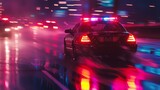 Traffic Patrol Car in Pursuit. Police Officers in Squad Car Chasing Suspect on Industrial Road, Sirens Blazing, High Speed. Cops on Emergency Response Call. Stylish Cinematic Action Packed shot