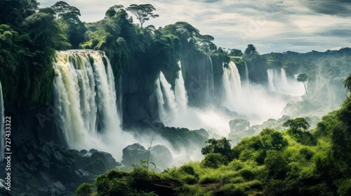 Majestic Waterfall Surrounded by Lush Green Trees