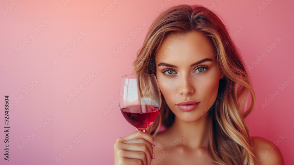 Young woman drinking glass with red wine over isolated pink background. Young woman drinking glass with red wine over isolated pink background.