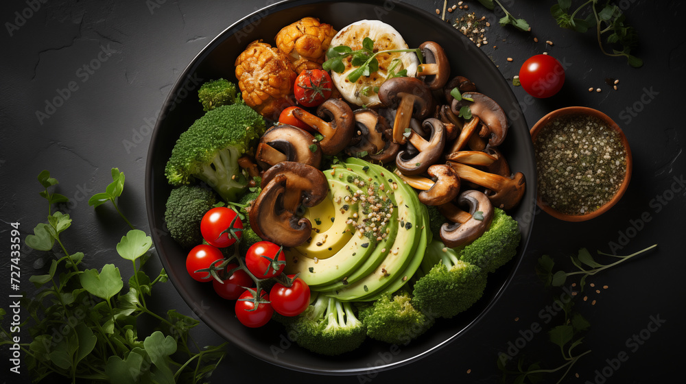 Bowl of fresh raw salad from tomato, pumpkin, avocado and greenery, top view Bowl of fresh raw salad from tomato, pumpkin, avocado and greenery, top view