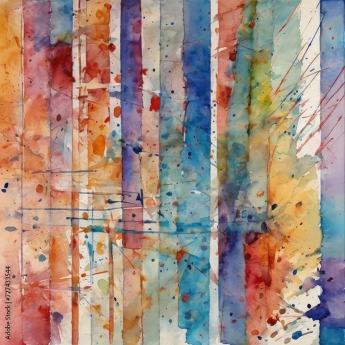 An abstract multicolor striped artwork, watercolor technique with splashes and dots of color. Contemporary surrealist painting. Modern poster for wall decoration © Karloni