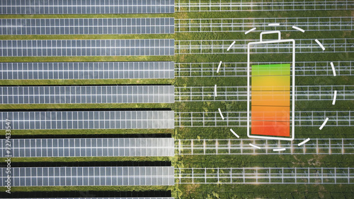 Solar panel field producing sustainable energy, graphics concept with battery photo