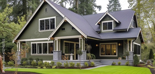 Side angle view of a moss green craftsman cottage, modern design elements, stunning high-definition.
