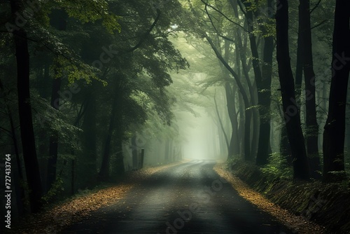 A lonely foggy road cutting through a thick and quiet wood
