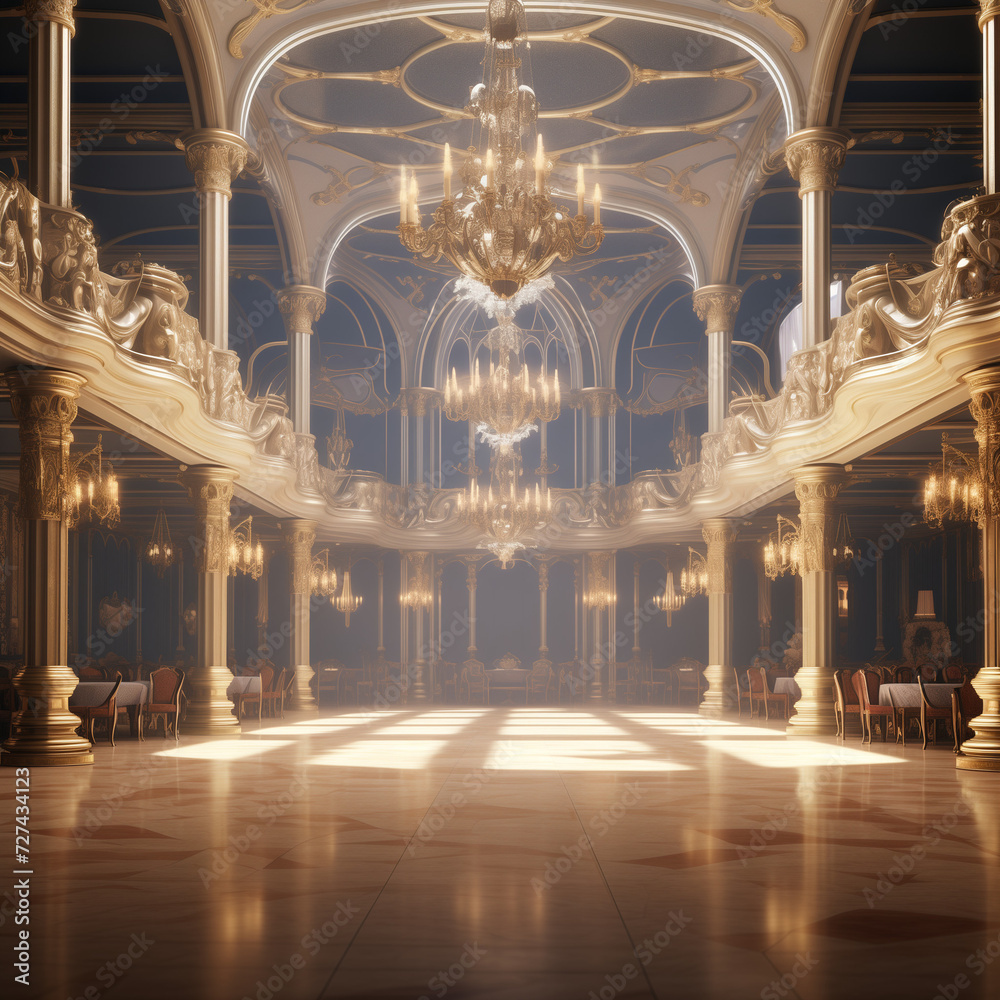 Design an opulent ballroom where inanimate objects come to life for a grand April Fools' Day masquerade, showcasing an array of fanciful disguises. 8k, 16k, full ultra 