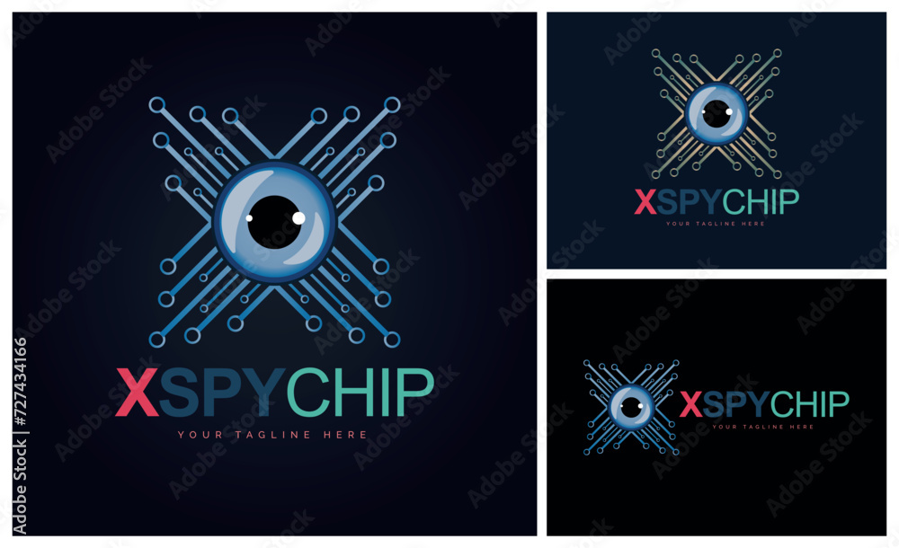 Eye balls letter X Spy chip Integrated Circuit microchip CPU letter logo design template