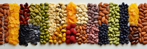 Assorted nuts and dried fruits in bright white light, top view - perfect for healthy snacking