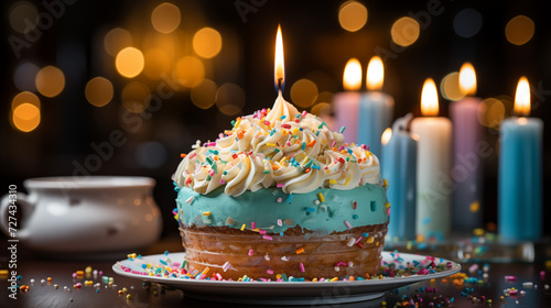 Birthday cake with different decorations from sweets and candles 