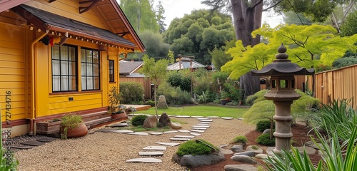 Side angle view of a xanthic yellow craftsman cottage, backyard with an elegant Japanese-style garden lantern. photo