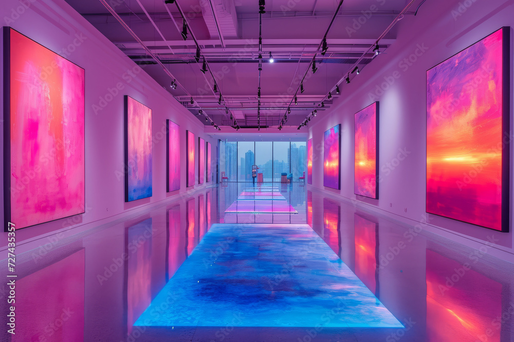 A gallery space using turquoise gels for a unique and immersive art experience. Concept of enhancing art exhibitions with colored lighting. Generative Ai.