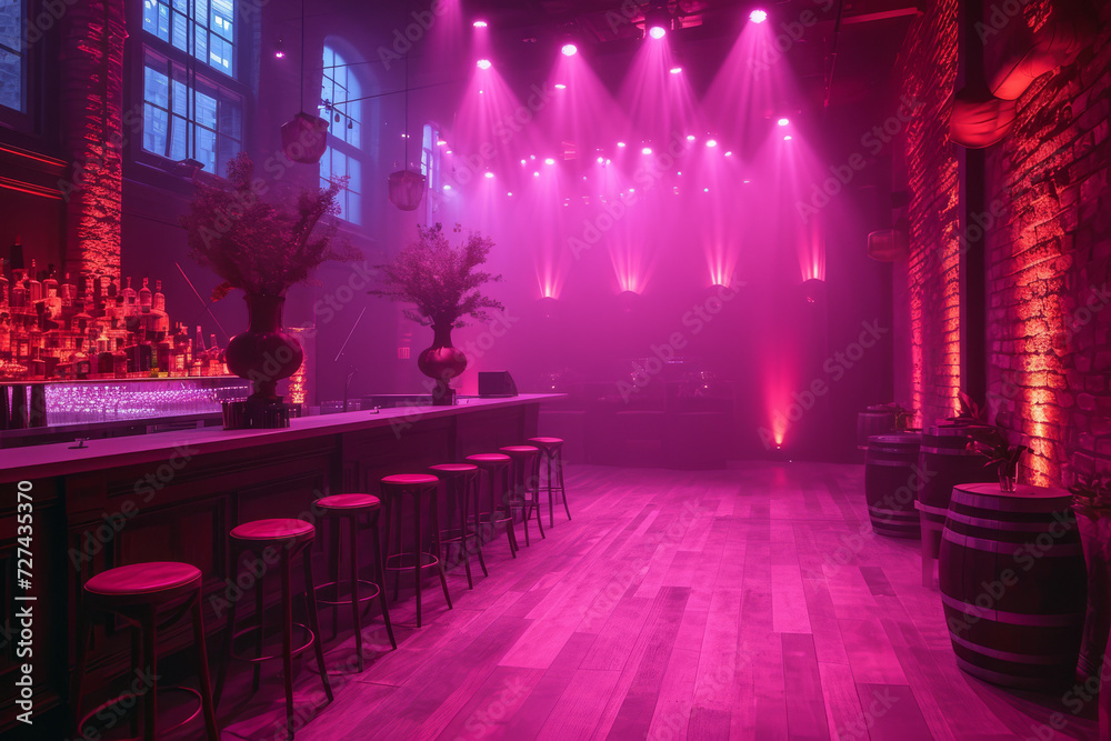 A party venue lit with magenta gels, setting a fun and playful mood. Concept of event lighting and atmospheric creation. Generative Ai.