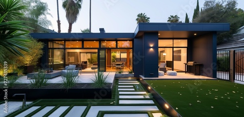 Sleek, modern midnight blue house, minimalist backyard with geometric landscaping, wrought iron gate, early morning dew. photo