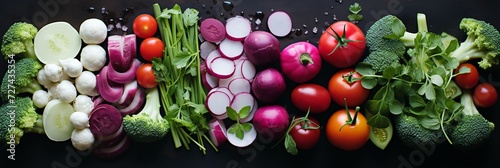 Fresh organic vegetable collage. tomatoes, radishes, and greens on a dark background, top view © Nikolai