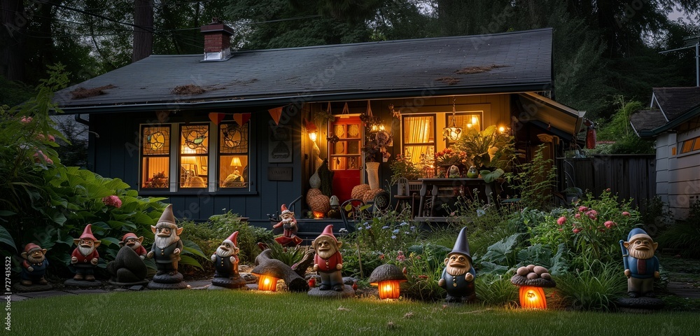 Tangerine twilight craftsman cottage with a collection of vintage garden gnomes in the backyard.