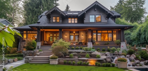 Taupe twilight craftsman cottage with cascading waterfalls in the backyard.