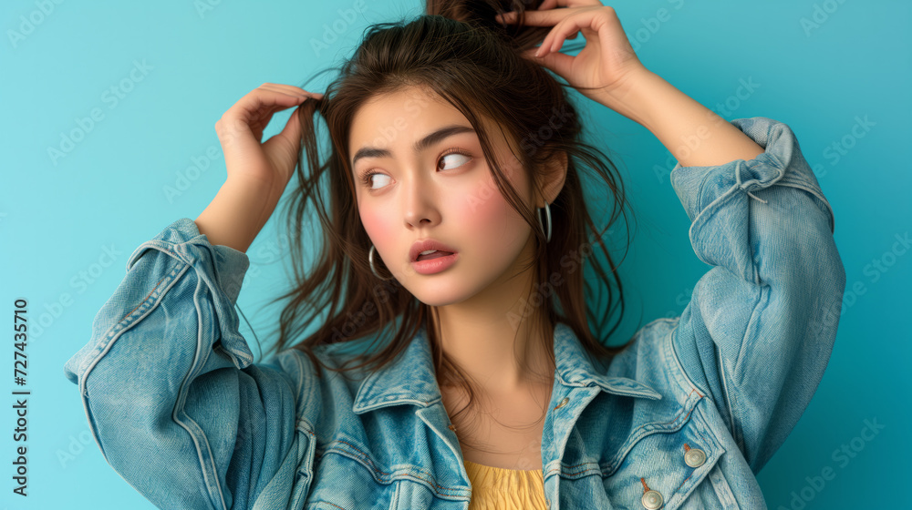 Stylish Hapa half Asian woman twirling her hair, possibly suffering