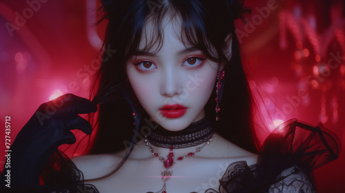 Gothic Asian model with vampire victorian style fashion, black lace and choker, red eyeshadow, posing behind a red backdrop, vampy gorgeous Kpop star