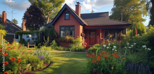 Terra cotta craftsman cottage with a backyard wildflower meadow in sunlight.