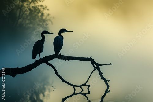 silhouette of a two birds on a branch