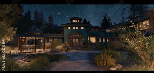 Vast teal-colored craftsman town, modern design, in a landscaped yard with shrubs and a gazebo, under a starry night sky.