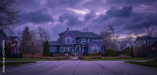 Vibrant violet suburban house with standard windows, on a large lot, under a cloudy afternoon sky.