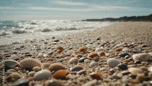 seashells close-up on the beach. Surf in the background. Selective focus. Free space for text.