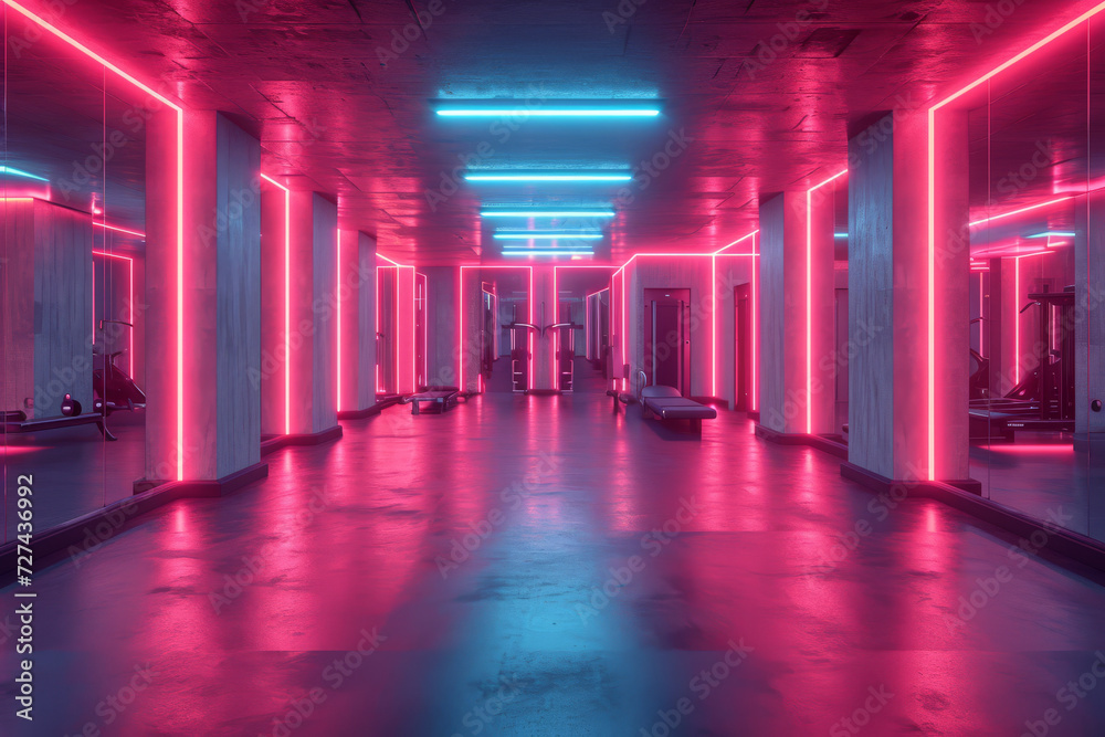 A fitness studio using bright pink gels for an energetic and motivating environment. Concept of thematic lighting in workout spaces. Generative Ai.