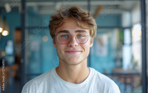 A Young Man With Glasses Standing in Front of a Glass Wall
