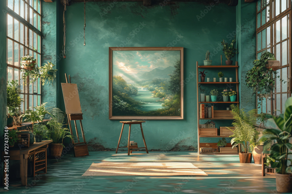 An art studio with mint green gels, fostering a creative and inspiring workspace. Concept of creative environments and mood lighting. Generative Ai.