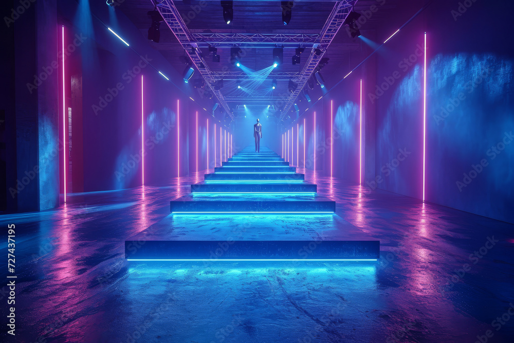 A fashion runway lit with silver gels, adding a futuristic and sleek ambiance. Concept of thematic lighting in fashion shows and events. Generative Ai.