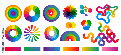 Collection of color theory colorful icons, symbols, elements. Concept graphic design