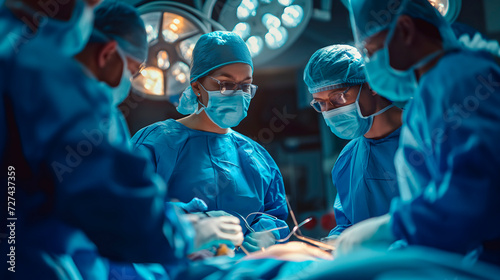 Cirujanos en el quirófano de un hospital operando a un paciente photo