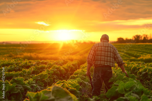 a rural farmer against the warm hues of a sunset, working in a vast field and embodying the essence of agriculture