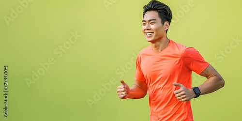 Young asian man jogging on green background with copy space
