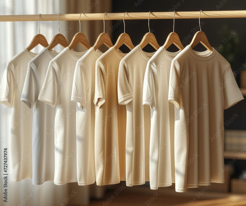 A realistic t-shirt mockup displayed on a hanger against a neutral backdrop, allowing designers to showcase custom apparel designs and branding concepts. Concept of fashion design. Generative Ai. A realistic t-shirt mockup displayed on a hanger against a neutral backdrop, allowing designers to showcase custom apparel designs and branding concepts. Concept of fashion design. Generative Ai.