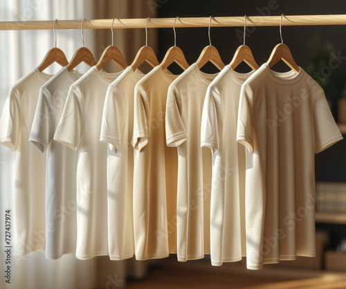 A realistic t-shirt mockup displayed on a hanger against a neutral backdrop, allowing designers to showcase custom apparel designs and branding concepts. Concept of fashion design. Generative Ai.