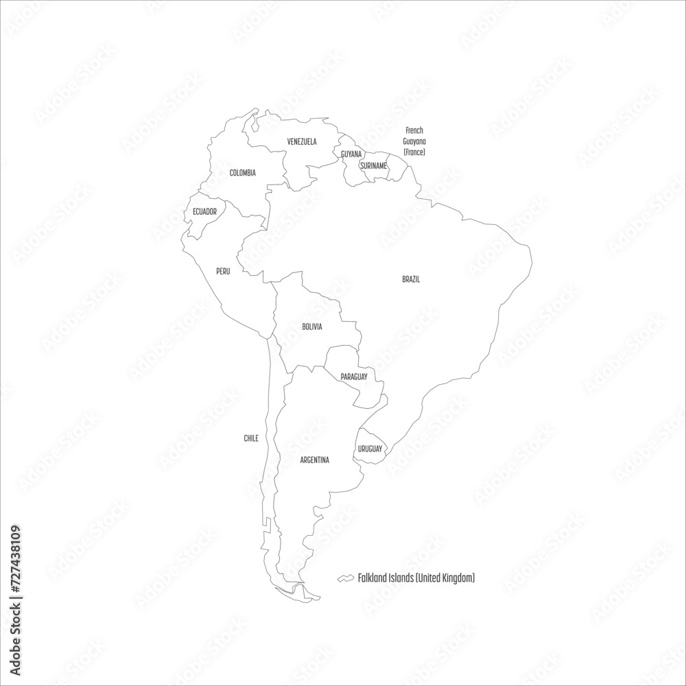Political map of South America. Thin black outline map with country name labels on white background. Ortographic projection. Vector illustration