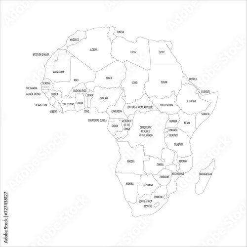 Political map of Africa. Thin black outline map with country name labels on white background. Ortographic projection. Vector illustration