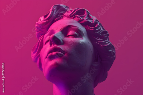 Statue of Venus on a pink background in neon light. womens day concept